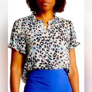 NWT T Tahari Covered Ruffle Neck Placket Short Sleeve Top Size L